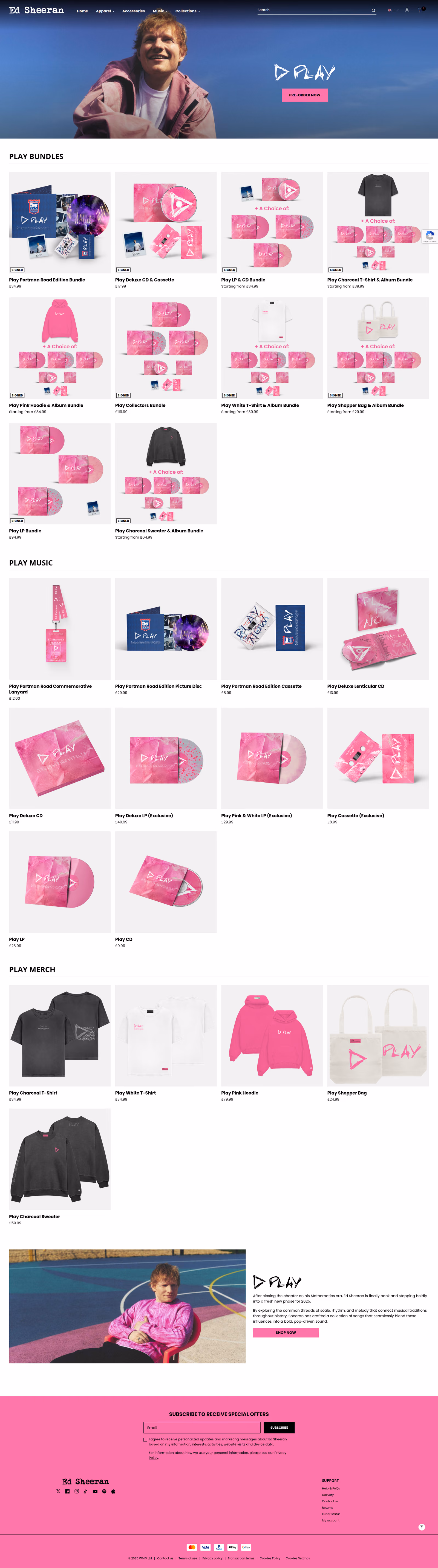 Ed Sheeran - This is Ed Sheeran's official merchandise store page featuring a hero section with his image and play button, followed by organized product sections for 'Play Bundles', 'Play Music', and 'Play Merch' displaying various albums, vinyl records, and branded merchandise.