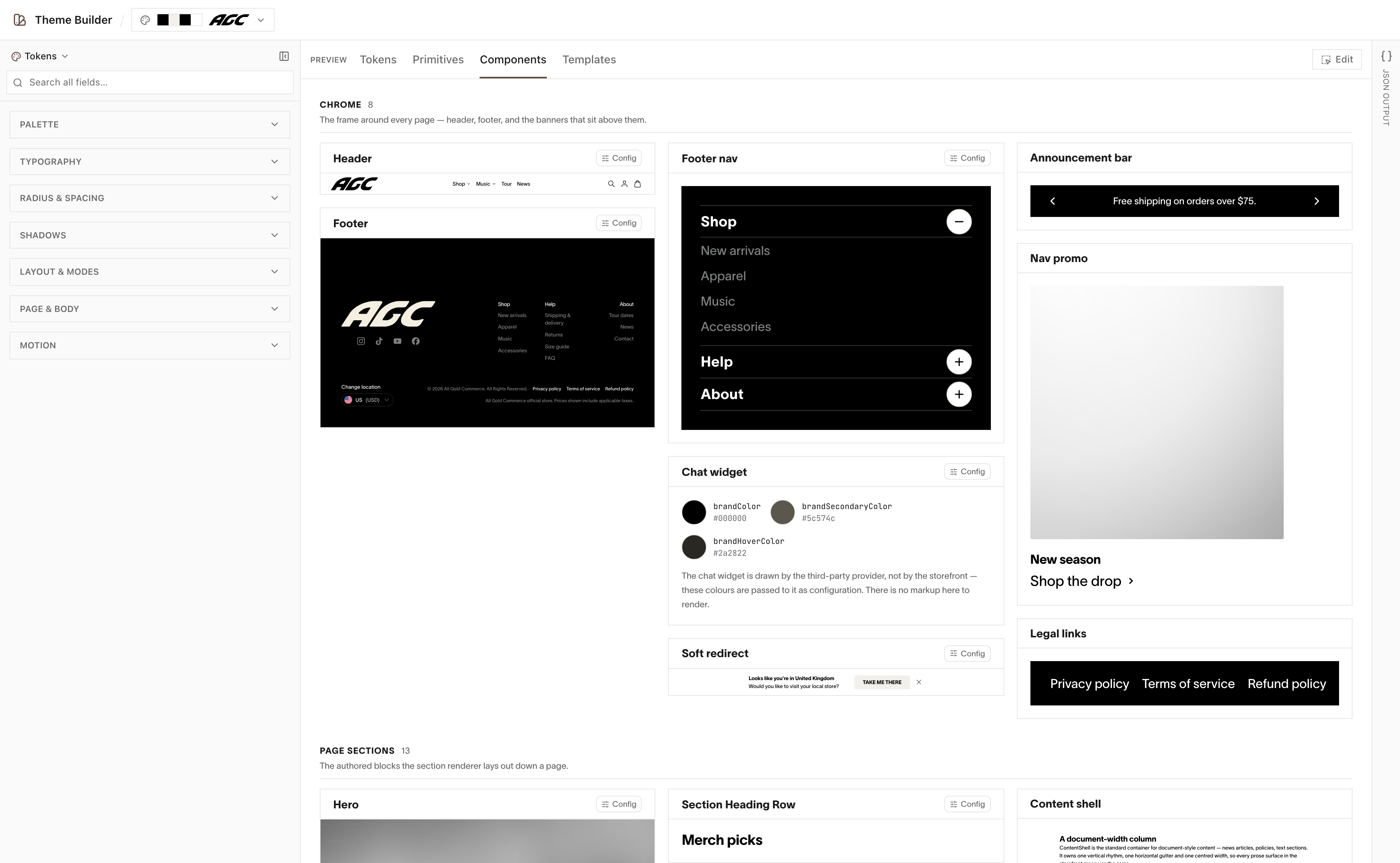 Components - the page sections a store is assembled from, grouped by the job they do
