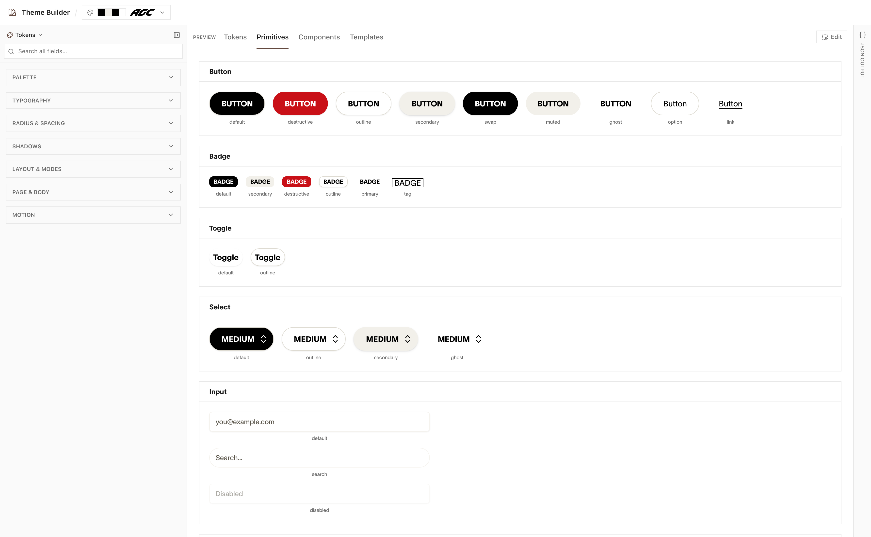 Primitives - every button, badge, toggle, select and input, in every state, restyled by the tokens above them