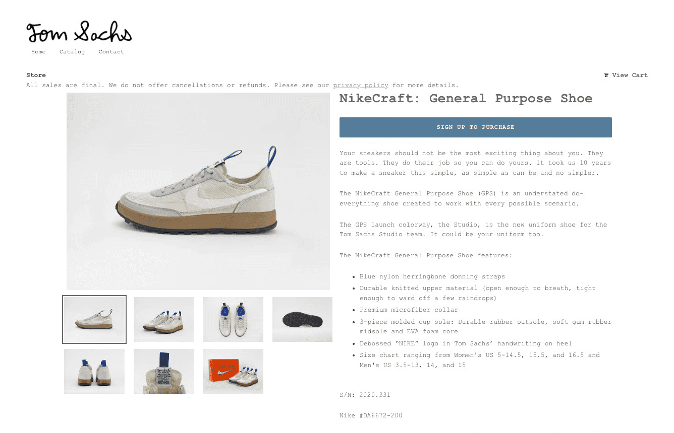 Tom Sachs NikeCraft: General Purpose Shoe Ecommerce Raffle